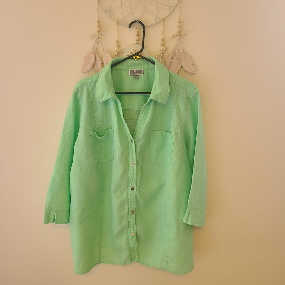 JM collection linen shirt blouse women's 22W coastal green